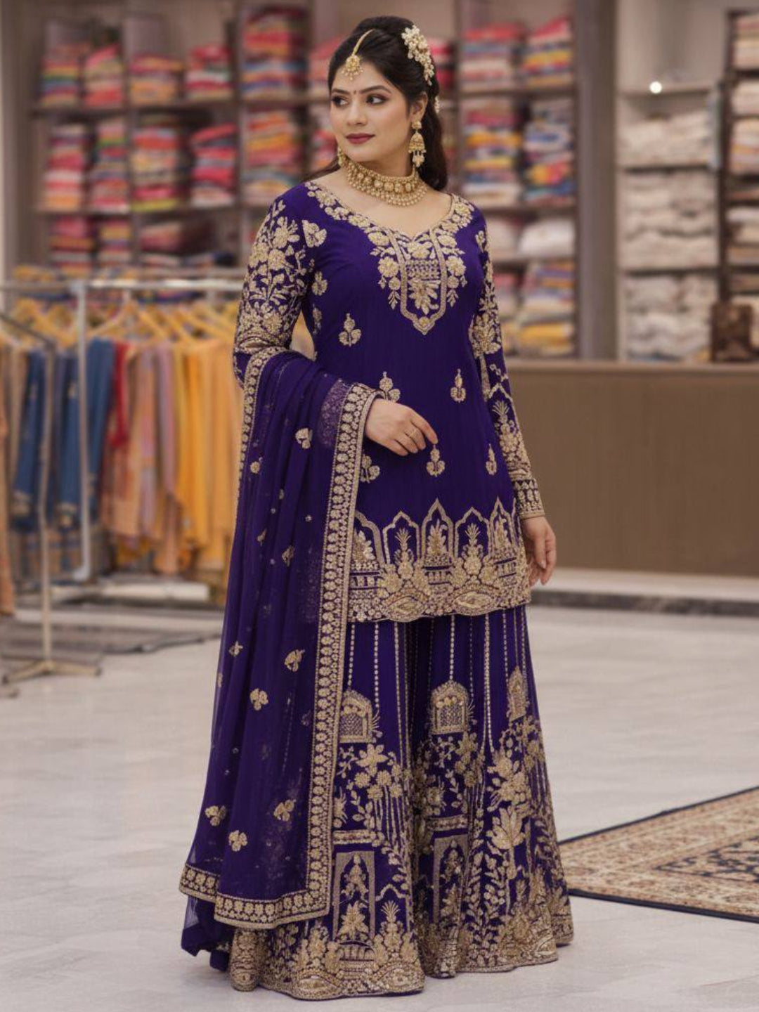 RE Zari & Sequin Work Georgette Kurti Set with 2.5m Flare Palazzo (M-3XL)