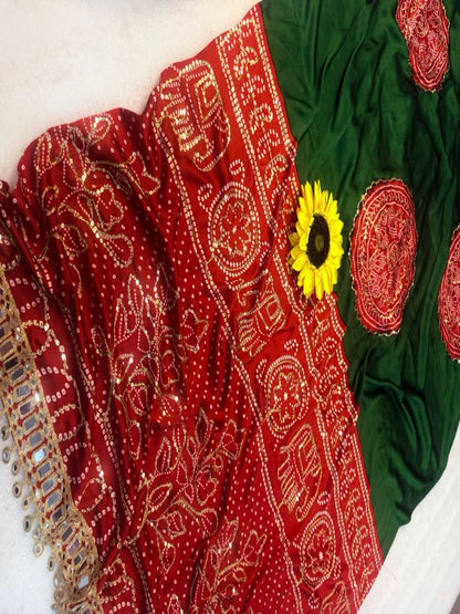 YNF Luxury Pure Gajji Soft Silk Saree in Green and Blue with Unstitched Blouse Piece