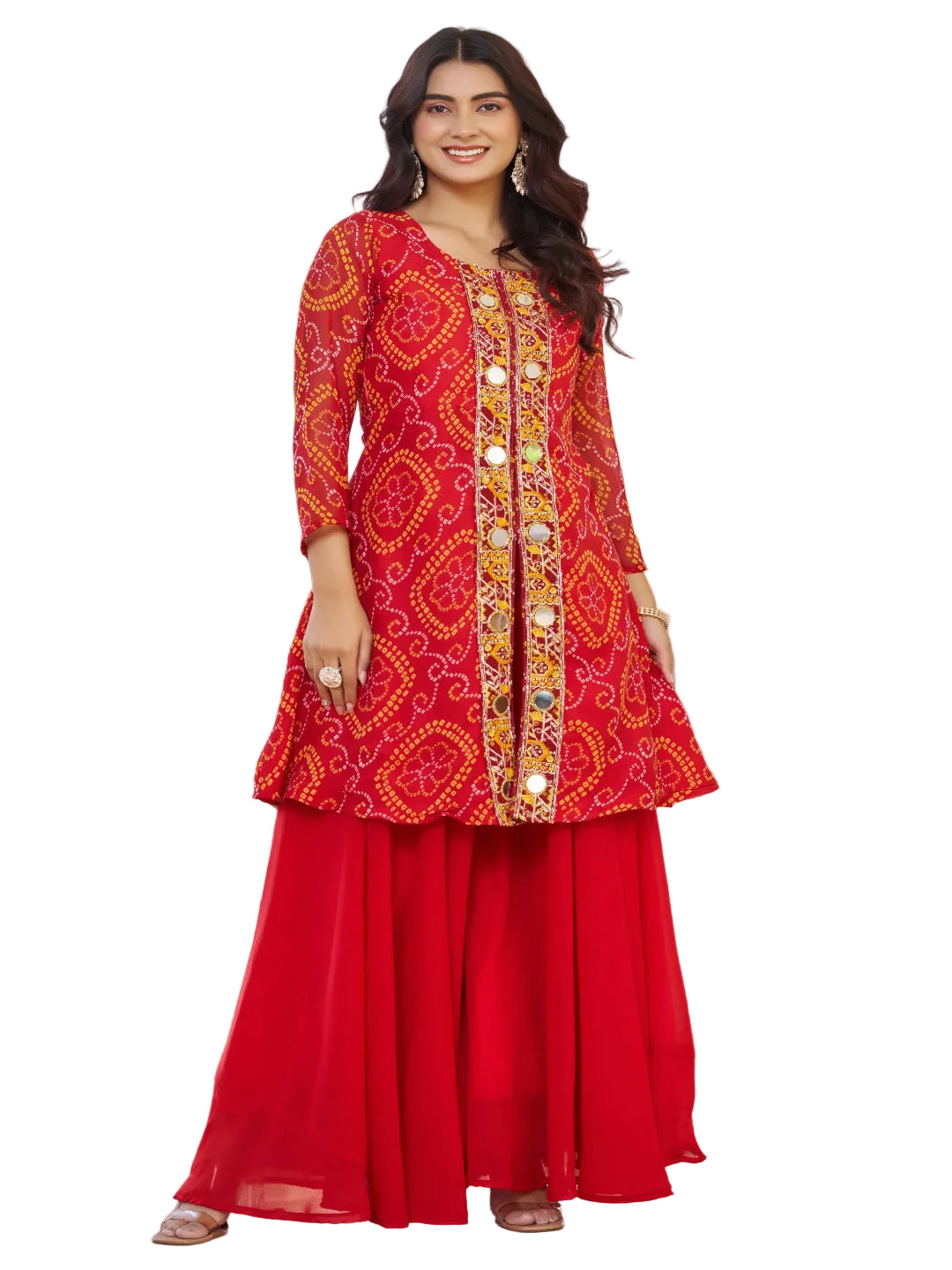 ES Designer Bandhani Print Fox Georgette Kurti Set with Authentic Mirror & Bead Work