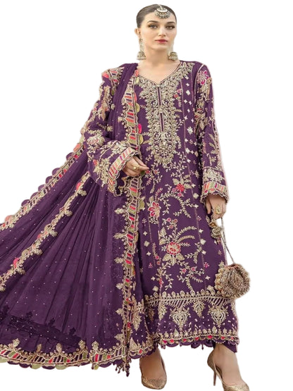 Women’s Chiffon Sequence Work Suit (XS to 5XL) with Khatli Neck Embroidery - RE