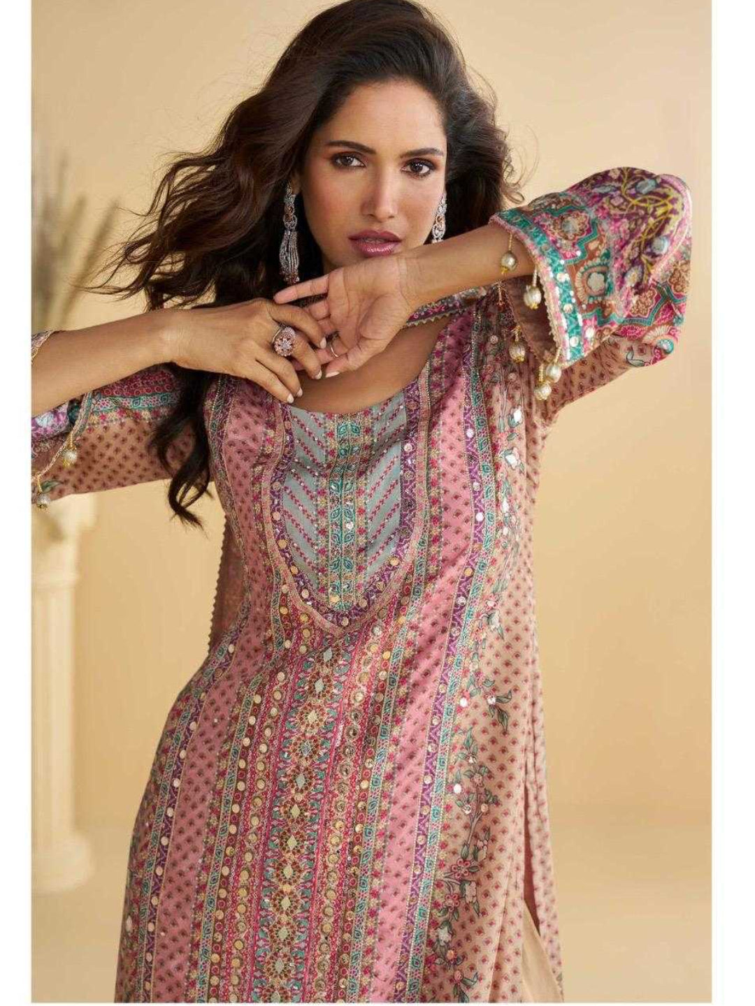 YNF Crepe Silk Suit Set | Printed Top Palazzo | Hand Aari Gota Patti Work