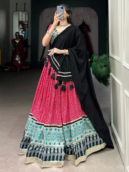 ES Ethnic Rayon Bandhej & Ajarakh Printed Lehenga Set - Stitched