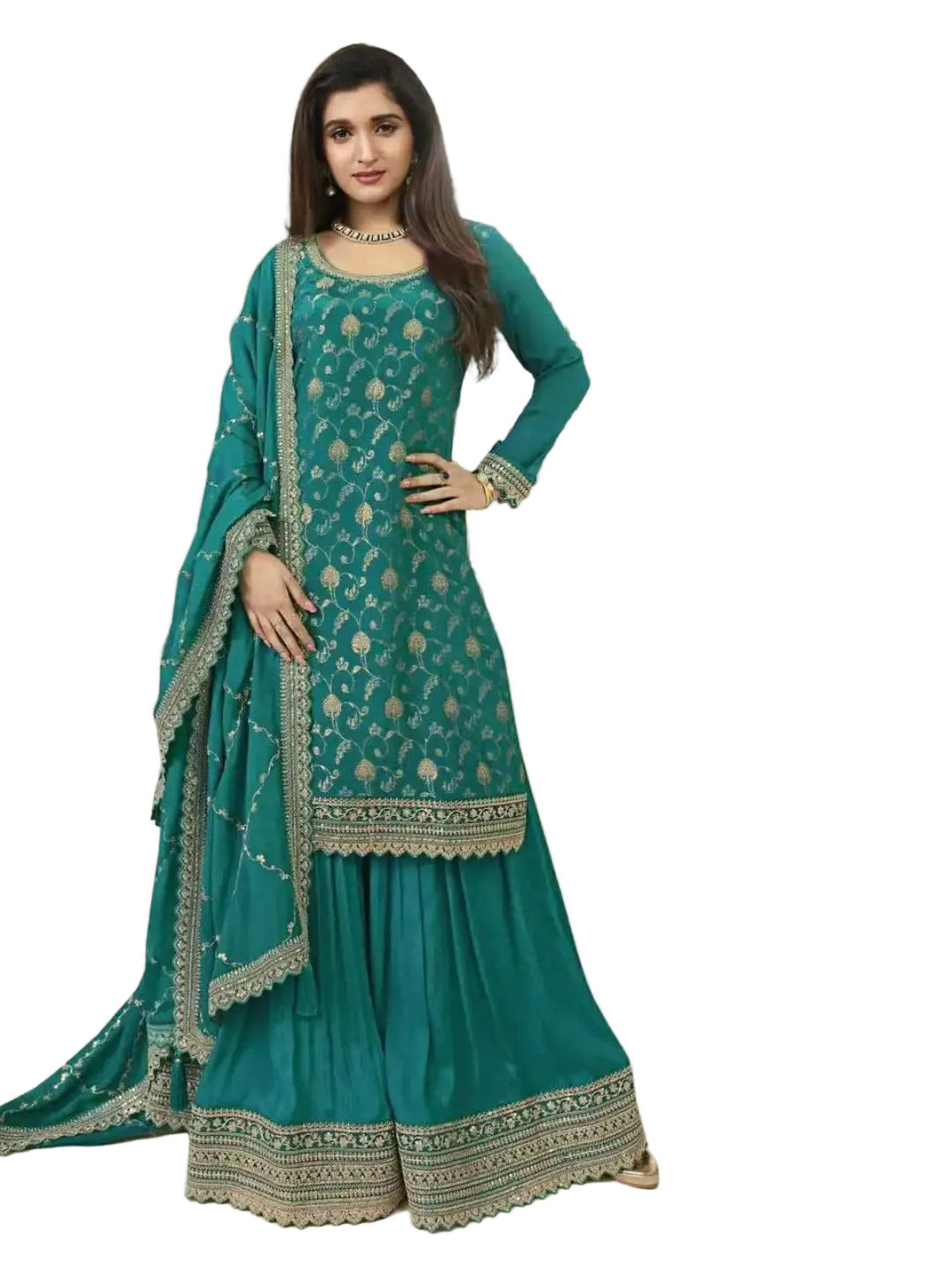 WT Women's Plus Size Heavy Blooming Chinon Jacquard Suit with Embroidered Plazzo