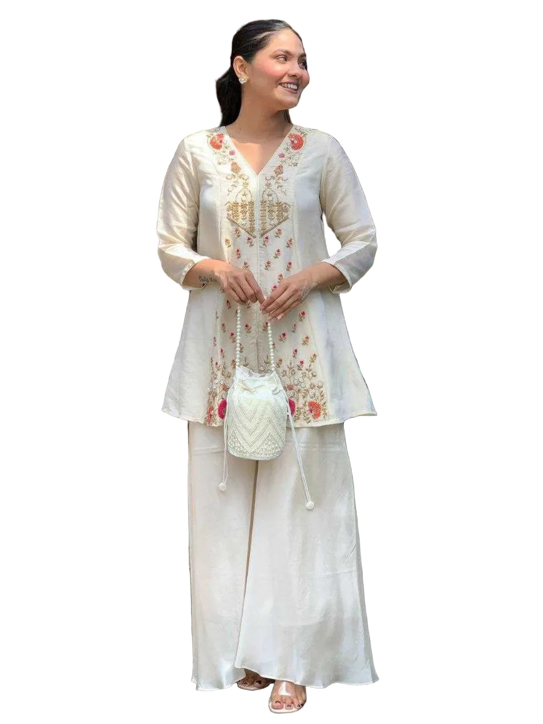 Women's Chanderi Silk Floral Gota Patti Embroidered Kurta Palazzo Set - KE