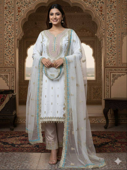 RE Crape Silk Sequence Embroidered Suit Set with Butterfly Net Dupatta