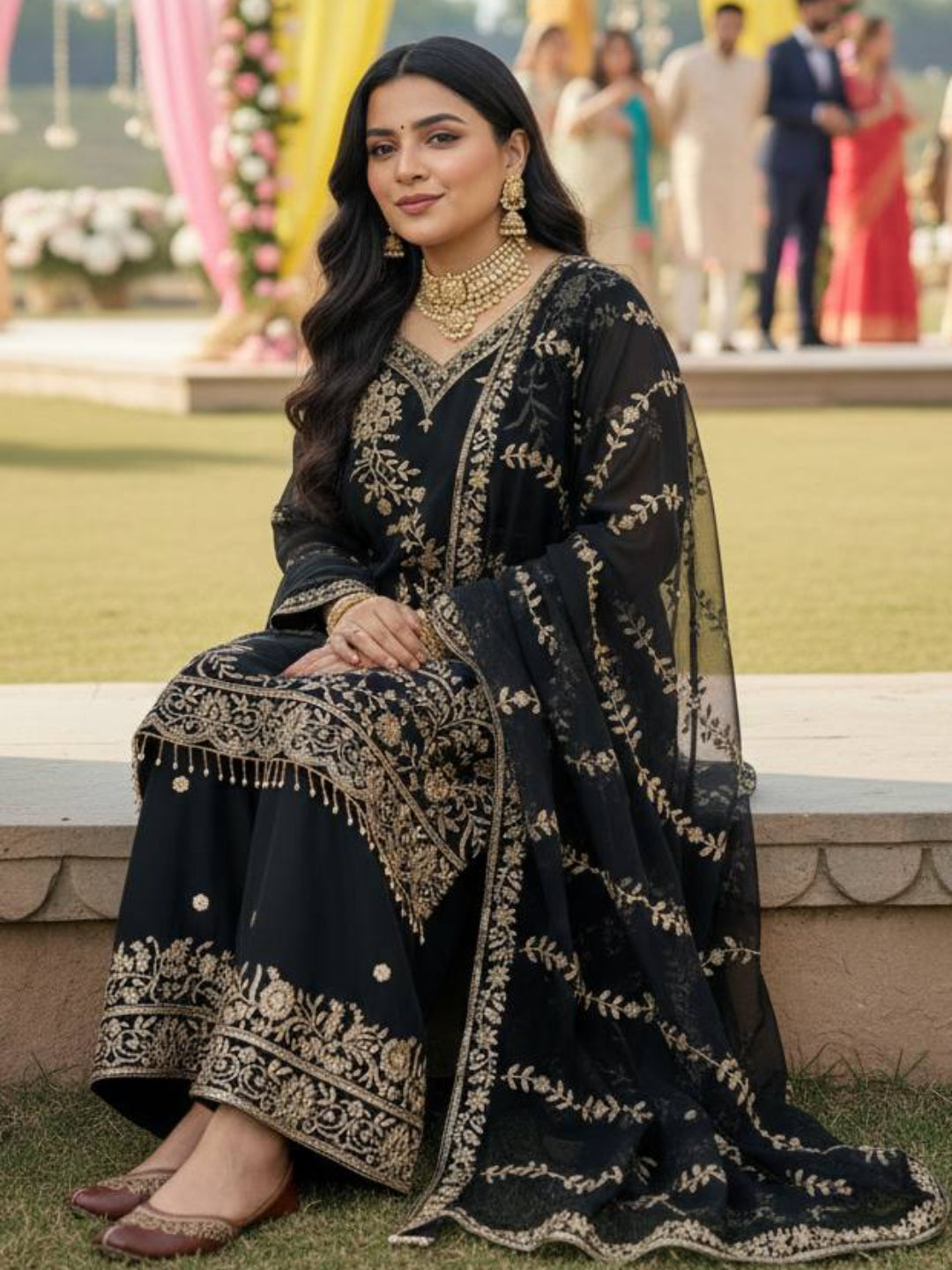 RE Semi Faux Georgette 3-Piece Kurti Plazzo Set with Sequence & Zari Work