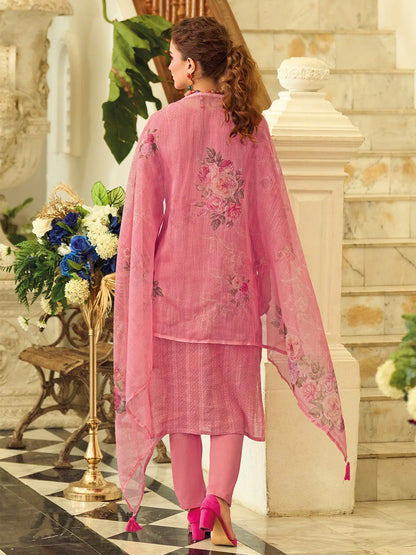 KF Women Floral Motif Thread Embroidered & Orangza Lace Detailed Kurta With Trouser & Dupatta