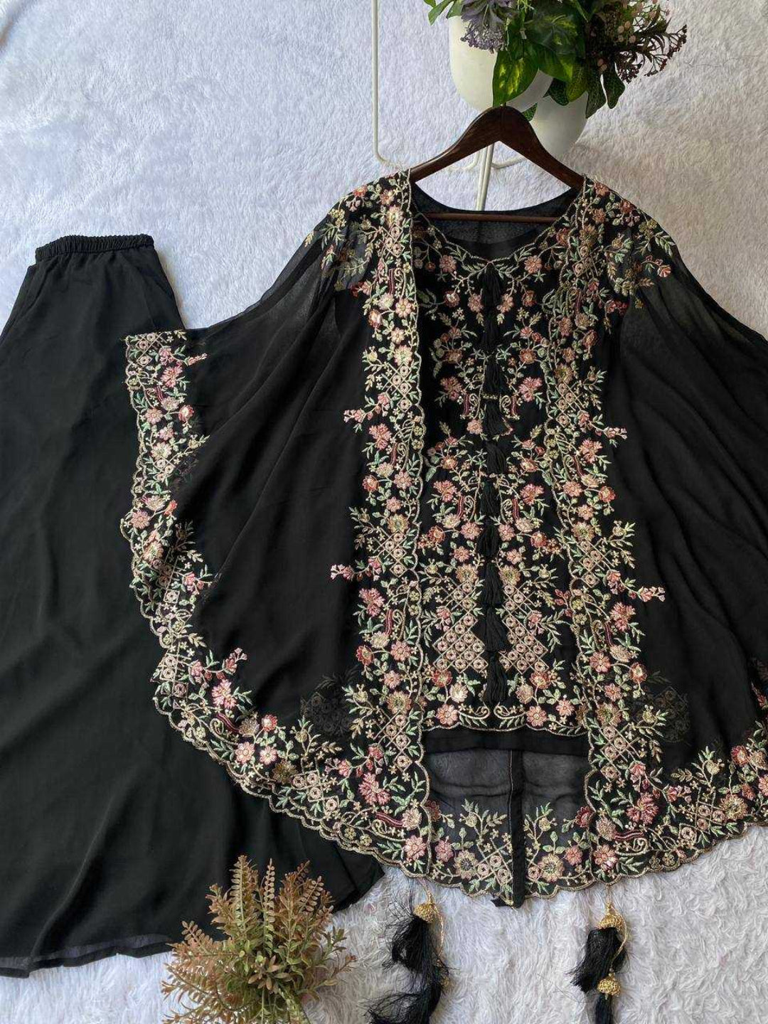 Women's Faux Georgette Sequence Embroidered 3-Piece Shrug, Kurta & Palazzo Set - RE