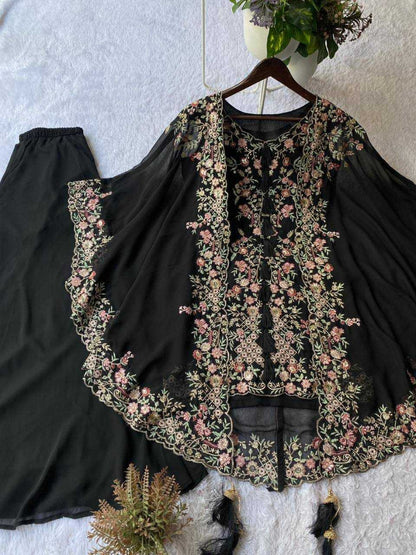 Women's Faux Georgette Sequence Embroidered 3-Piece Shrug, Kurta & Palazzo Set - RE