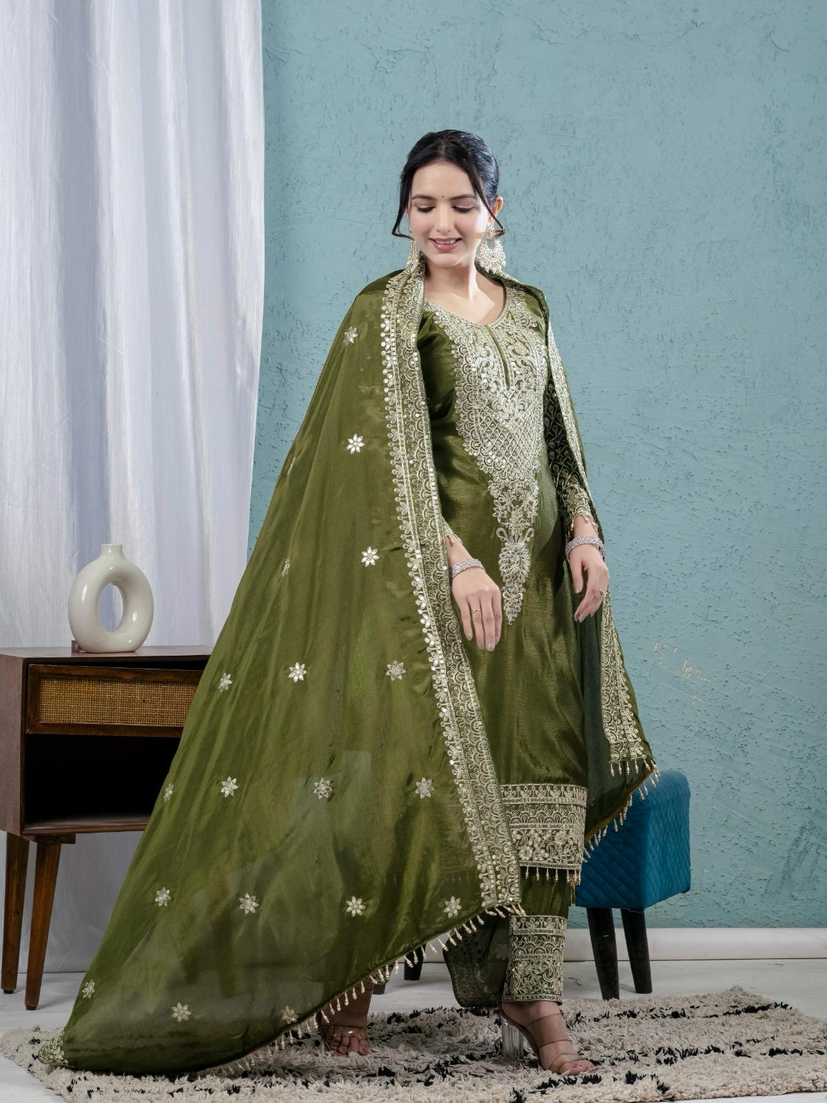 ES Chinnon Silk Suite With Heavy Embroidery Coding Sequence Work