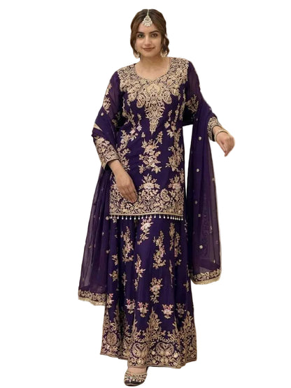 YNF Designer Embroidered Faux Georgette Palazzo Suit Set with Heavy Sequence Work & Fancy Latkan Border