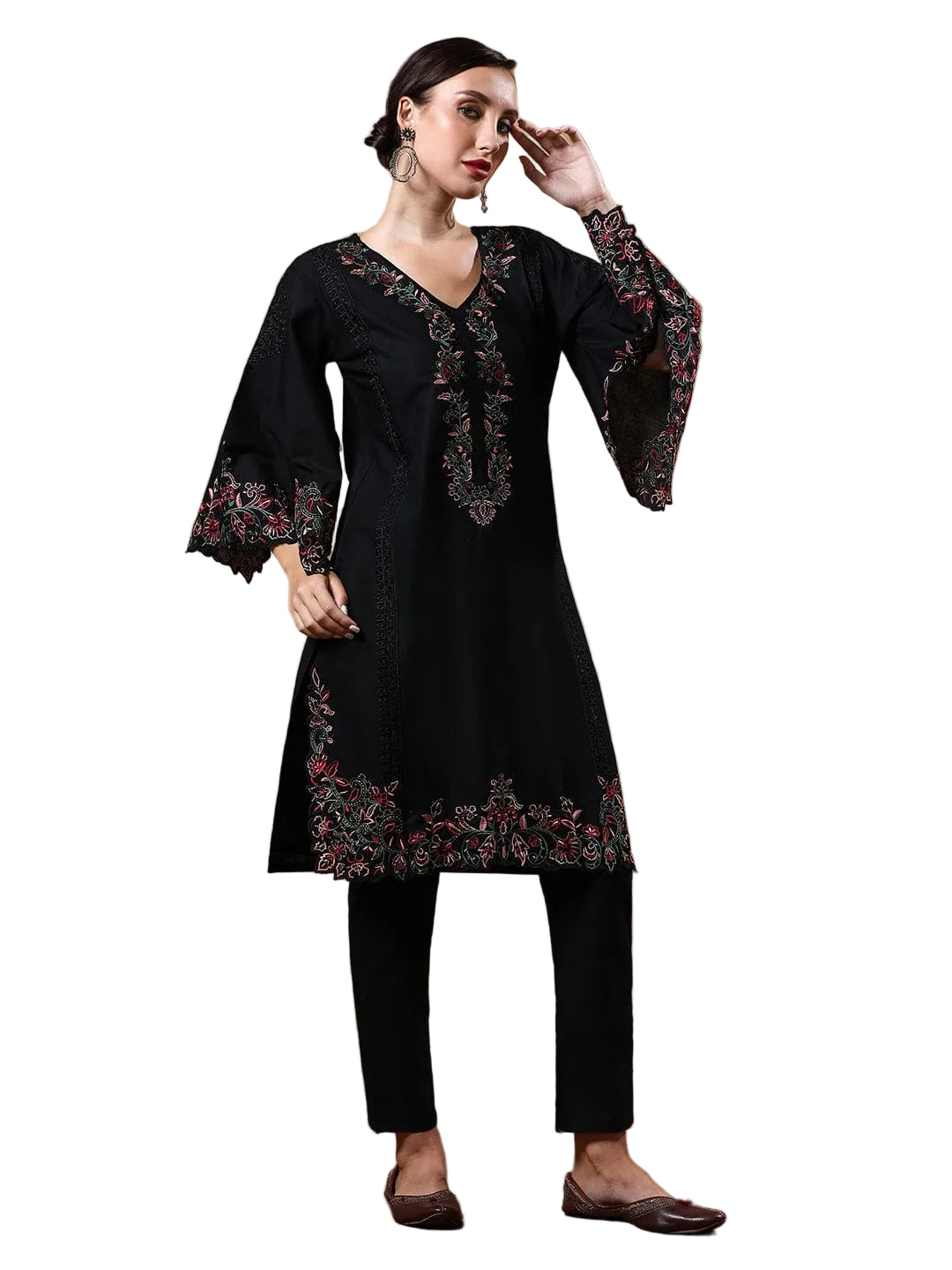 Varanga Women's Black Pure Cotton Embroidered Straight Kurta with Trousers