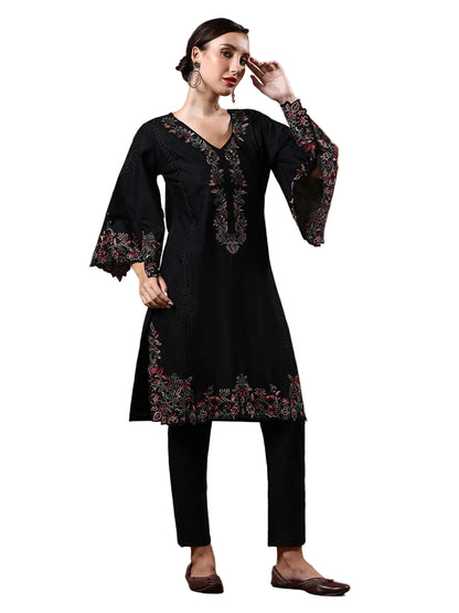 Varanga Women's Black Pure Cotton Embroidered Straight Kurta with Trousers