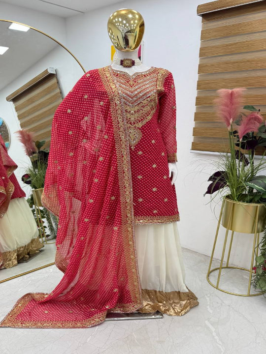 ES Designer Embroidery Sequins, and Print work on Faux Georgette Kurta with Plazo & Dupatta