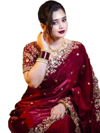 YNF Space Silk Embroidery Work Saree (5.5m) with Fully Stitched Maroon Blouse