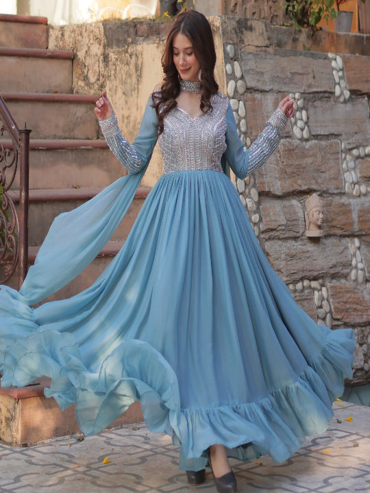 ES Star Georgette Gown with Embroidery Beads Sequins-work