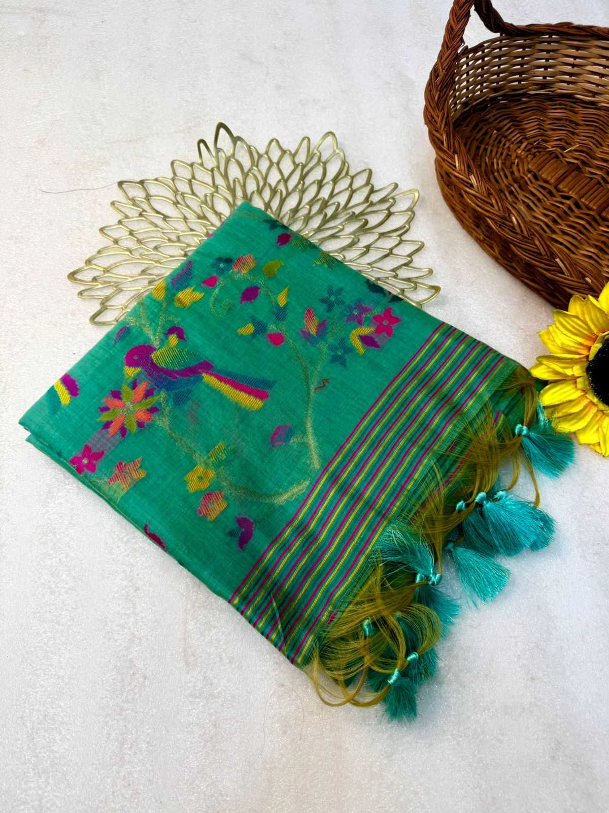 YNF Pure Muga Cotton Meenakari Weaving Saree with Floral Pallu and Contrast Blouse