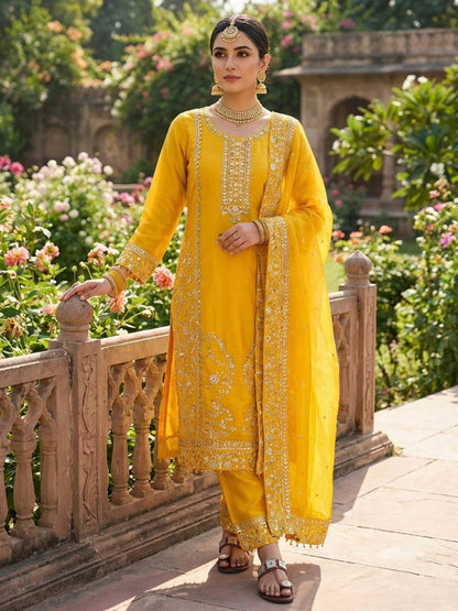 RE Pure GMY Silk Embroidered Suit Set with Sequence Work Palazzo and Dupatta (Sizes M-XXL)
