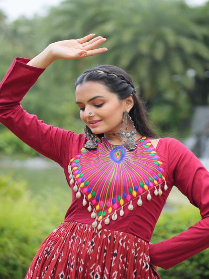 ES Maroon designer printed gown in heavy cotton with Kutchi