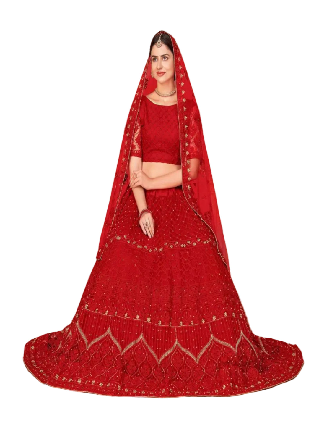 YNF Regal Red Net Lehenga Choli Set with Heavy Pearl & Embroidery Work