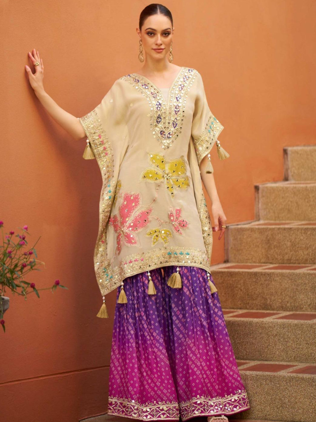 YNF Trendy Kaftan Gharara Suit: Real Chinon Silk with Hand Embellishment
