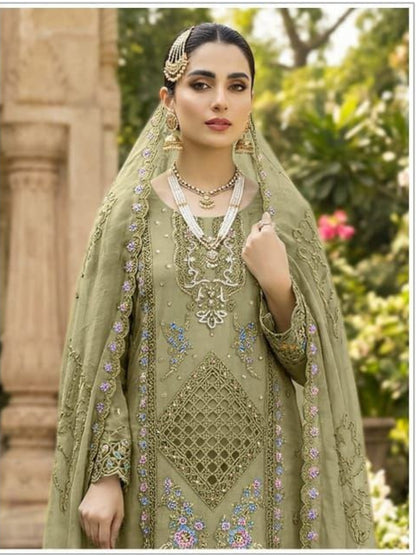 Women’s Heavy Chiffon Embroidered Suit with Hand Khatli Work and French Silk Bottom (XS-5XL)-RE