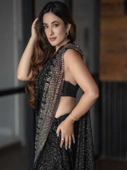 RE Premium Georgette Saree with All-Over Sequins Work & Piping Lace