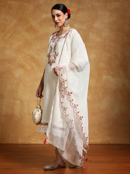 KF Floral Motif Thread Embroidered Yoke Kurta with Trouser & Dupatta