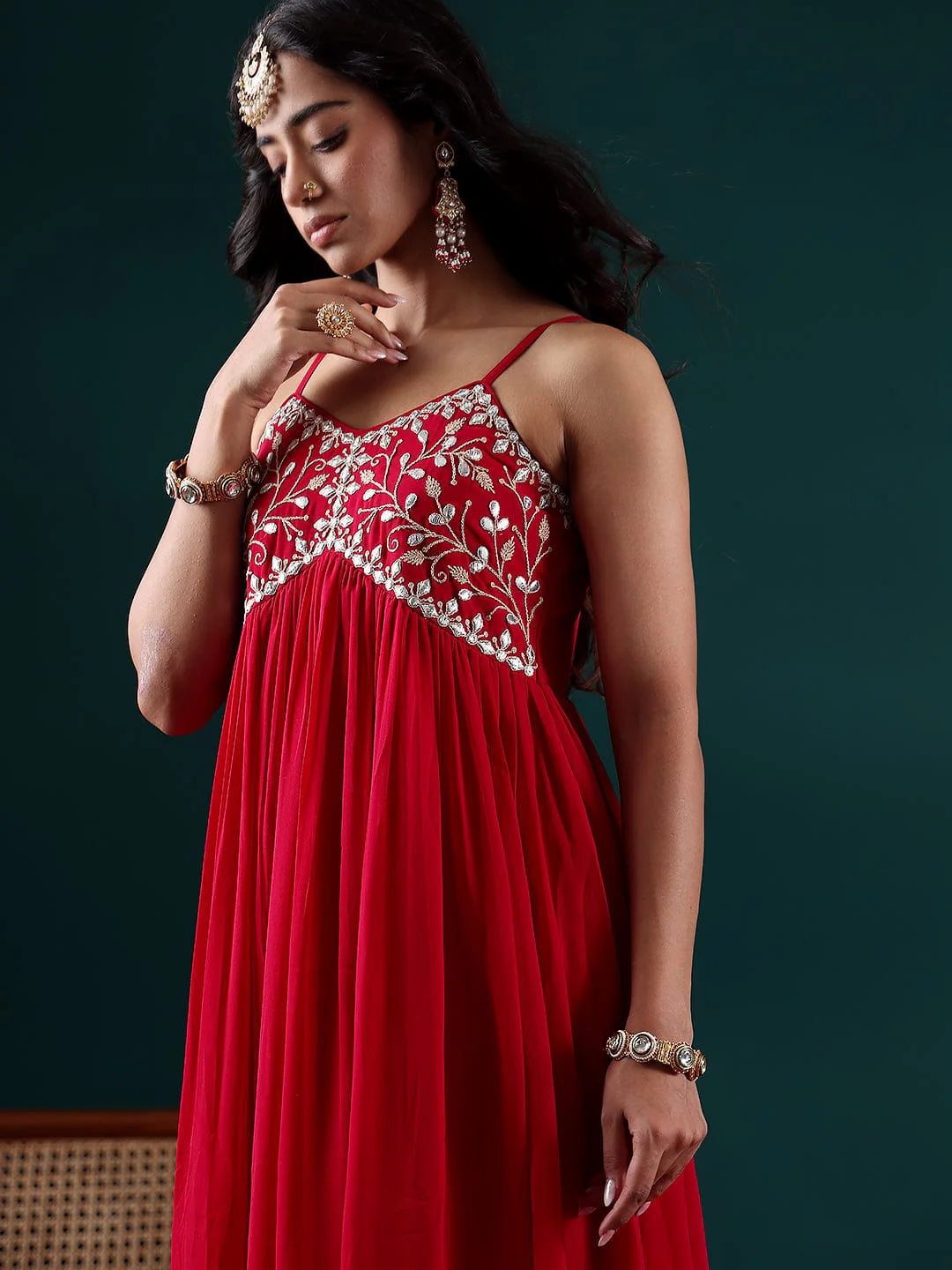 KF Women Fuchsia Embroidered Anarkali Strap Kurta Paired With Tonal Dupatta
