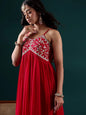 KF Women Fuchsia Embroidered Anarkali Strap Kurta Paired With Tonal Dupatta