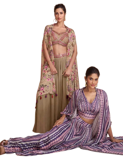 YNF Designer Resham & Zari Embroidered Georgette Indo-Western Palazzo Suit