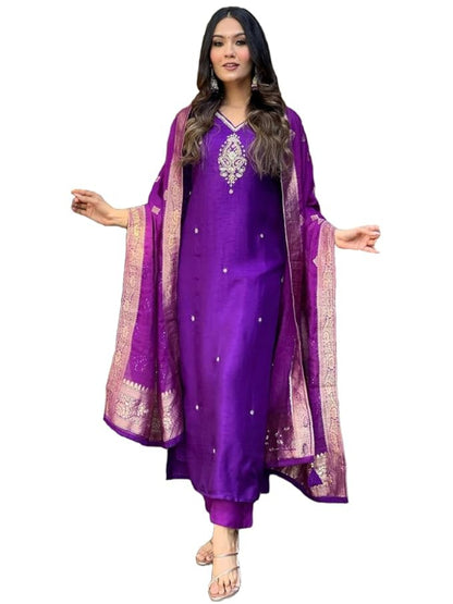 ICF Women's Viscose (Rayon) Straight Embroidered Kurta with Pant & Dupatta