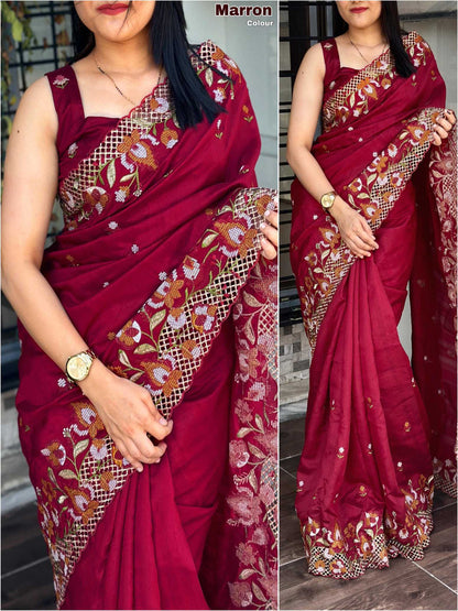YNF Visca Slub Silk Saree with Thread Cut Work (10 Colors)