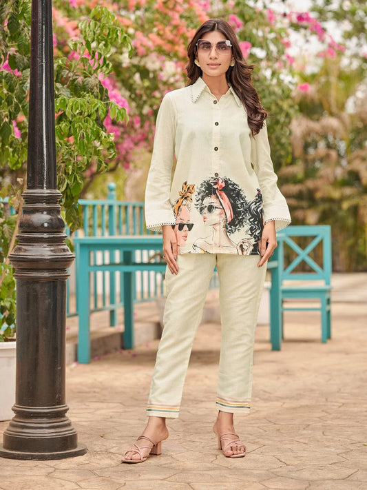 KF  Pure Cotton Printed Apple Hem Shirt Collar Shirt With Trousers Co-Ords