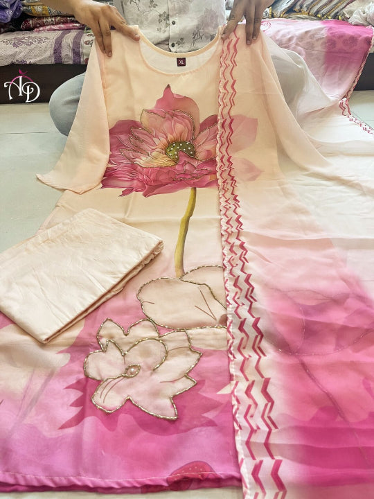ES Elegant Heavy Orgenza Suit Set with Hand Work - Top, Bottom & Dupatta