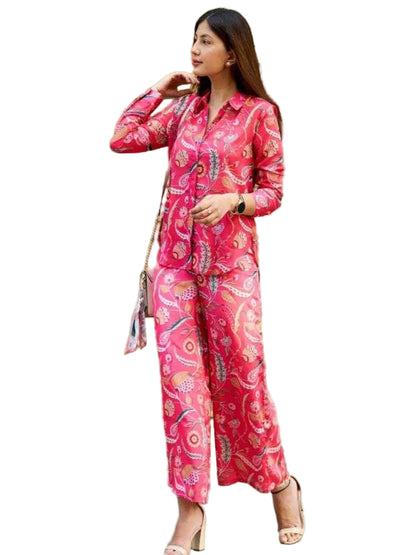 SS Pink Floral Print Cotton Blend Top & Bottom Co-ord Set With Pocket