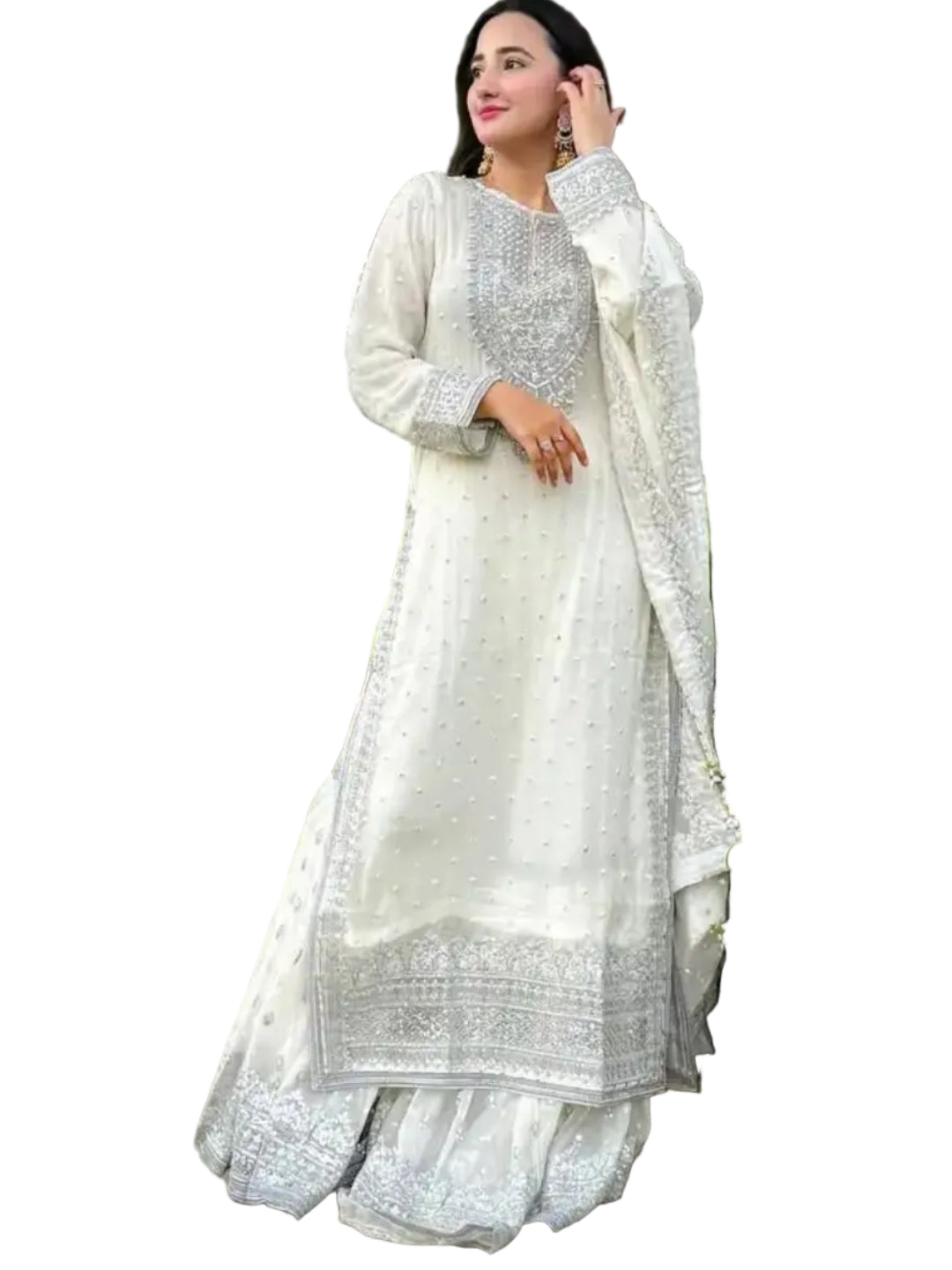 WT Women's Fully Stitched Fox Georgette Sharara Set with Sequence Embroidery