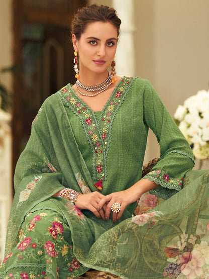 KF Women Floral Motif Thread Embroidered & Orangza Lace Detailed Kurta With Trouser & Dupatta
