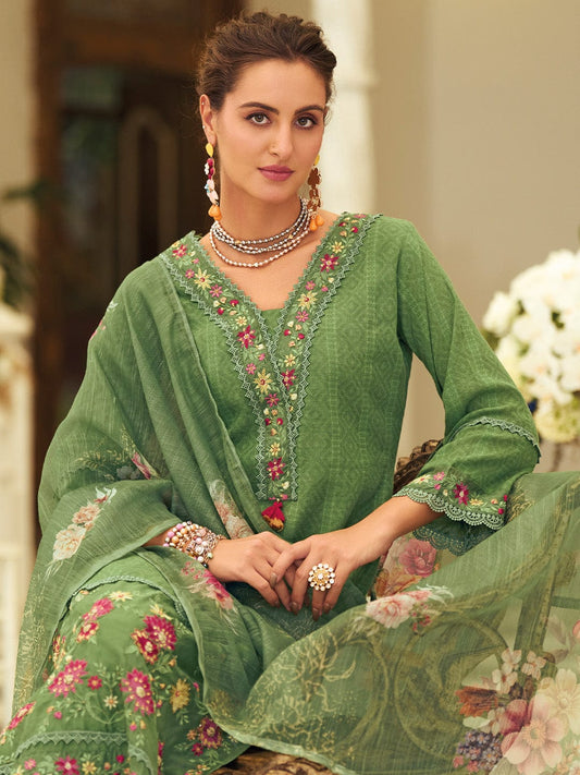 KF Women Floral Motif Thread Embroidered & Orangza Lace Detailed Kurta With Trouser & Dupatta