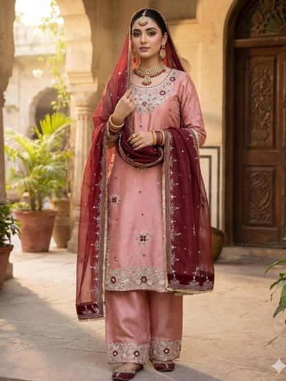 Women's Pure GMY Silk Heavy Sequence Embroidered Kurta Palazzo Set with Dupatta-RE