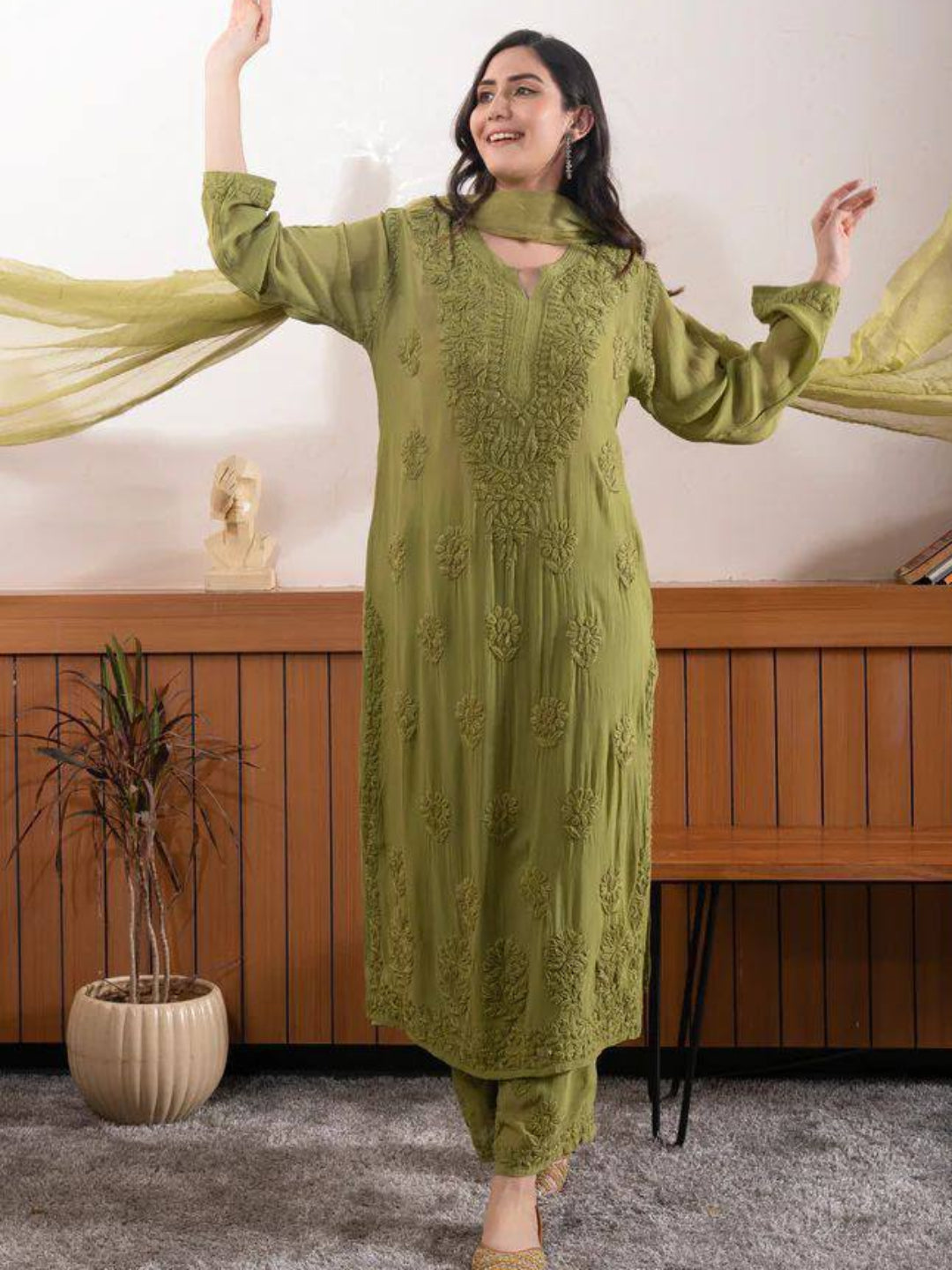 RE Designer Embroidered Georgette Kurti Palazzo Set with Lace Dupatta