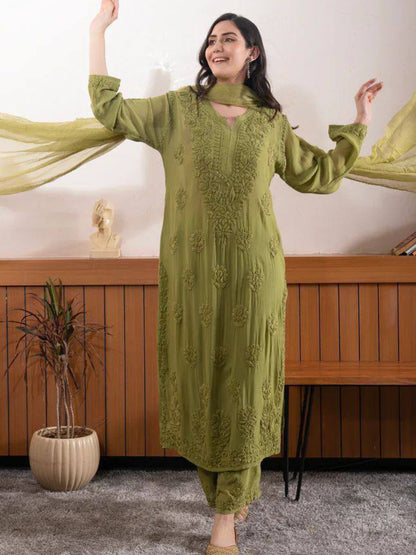 RE Designer Embroidered Georgette Kurti Palazzo Set with Lace Dupatta