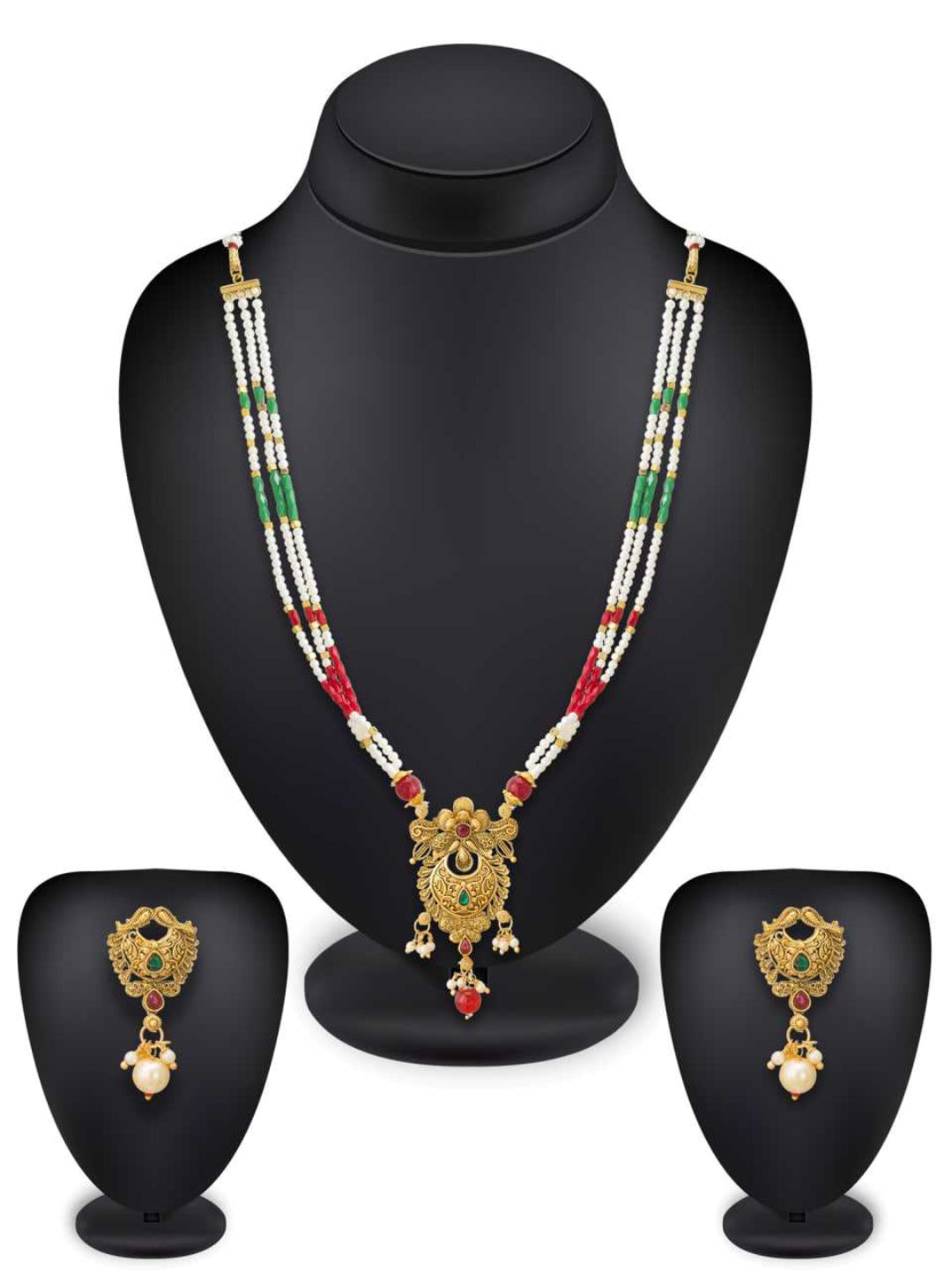 YNF Exquisite Gold & Red Stone Fancy Mala Necklace Set on Brass Base