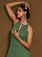 KF Green Poly Crepe Sleeveless Solid Halter Neck Kurta Set