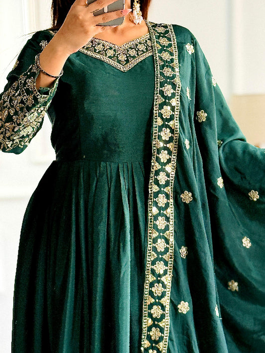 ES Pure Chinon Silk with Heavy Embroidery, Sequin Work, and Sleeves Fully Stitched