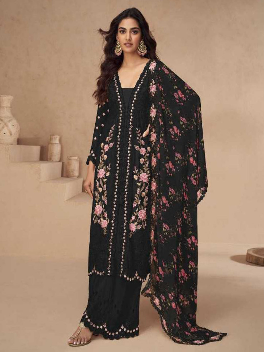 YNF Stitched Real Vichitra Silk Sequence Work Palazzo Suit with Embroidered Dupatta