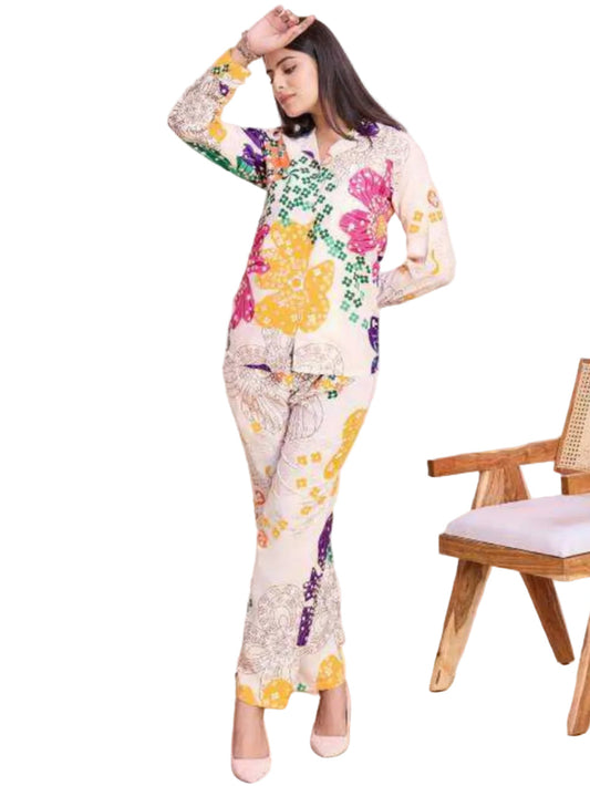 YNF Trendy White Floral Rayon Co-ord Set | Casual & Ready-to-Wear Top-Pant Outfit