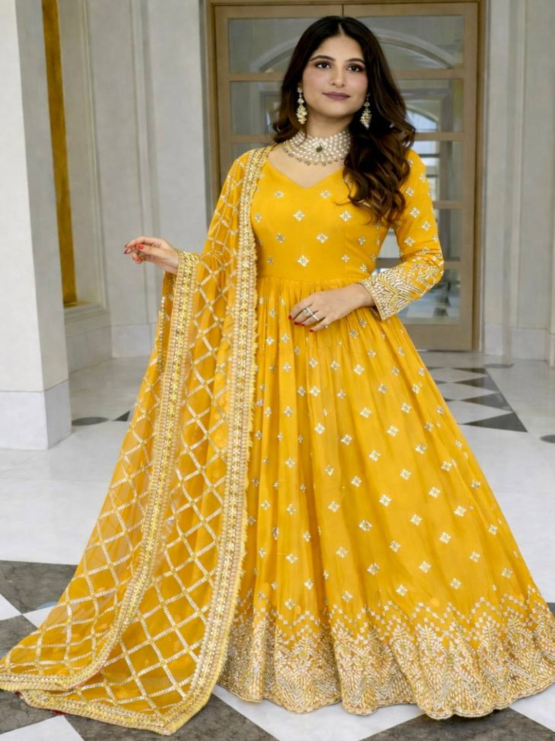 RE Heavy Fox Georgette Sequence Embroidery Gown Set with Butter Silk Pants & Zalar Dupatta