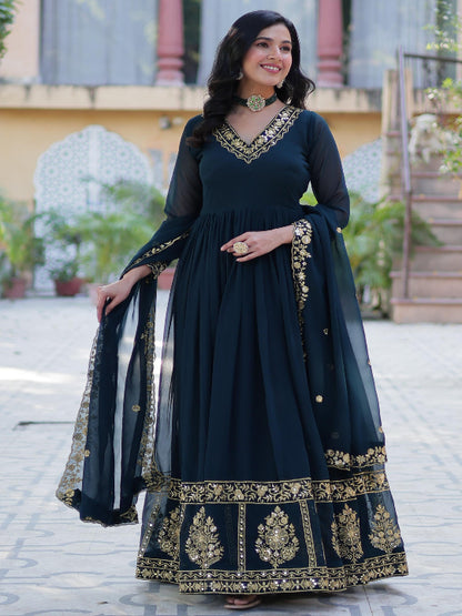ES Luxury Designer Gown & Dupatta with Zari & Sequins Embroidery