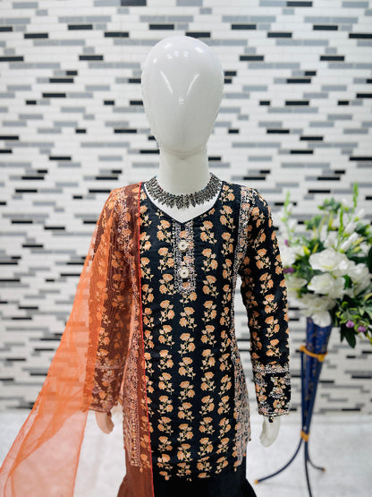 ES Elegant Heavy Chinon Top, Sharara, and Dupatta Set with Sequin Work for girls